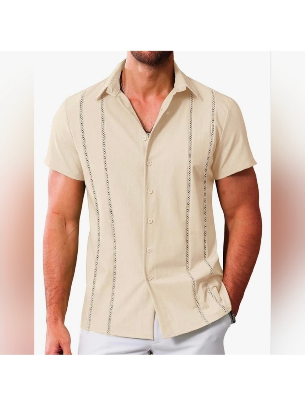 New Men's Button Down Beach Shirt Cuban Guayabera